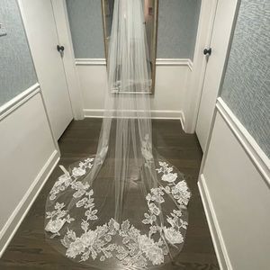 Ivory Nouvelle Amsale Cathedral veil with lace and sequin embroidery